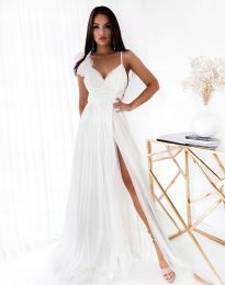 Официална дълга дамска рокля с цепка в бяло - код 67877