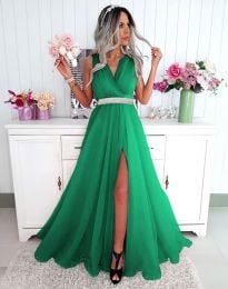 Елегантна дълга дамска рокля с ефектно коланче в зелено - код 35980