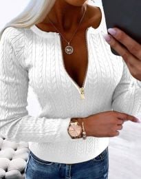 Дамски пуловер с цип в бяло - код 63017