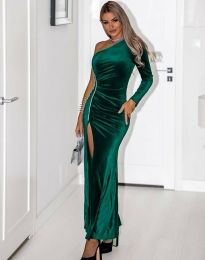 Елегантна дълга дамска рокля с голо рамо в зелено - код 08971