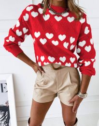Дамски пуловер в червено на сърца - код 2159
