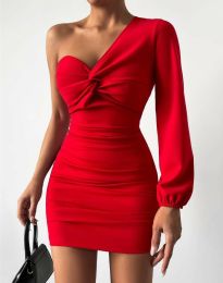 Дамска рокля с един ръкав в червено - код 81972