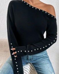 Дамска блуза с декорирани перли в черно - код 80065