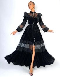 Елегантна дълга дамска рокля с дантела в черно - код 22900