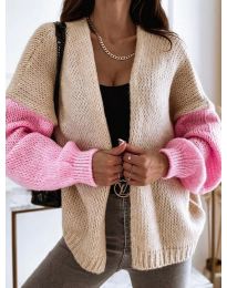 Атрактивна свободна плетена дамска жилетка в бежово и розово - код 9843 - 1