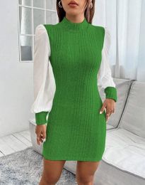 Дамска рокля с ефектни ръкави в зелено - код 32633