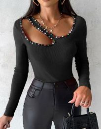 Атрактивна дамска блуза с камъчета в черно - код 68002