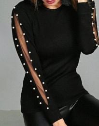 Дамска блуза с перли на ръкавите в черно - код 06144