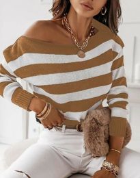 Атрактивен дамски пуловер на райе в бяло и кафяво - код 771062