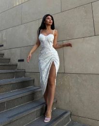 Елегантна дамска рокля с цепка в бяло - код 34114