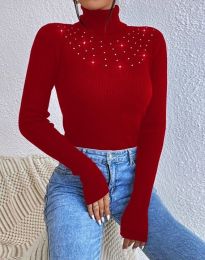 Ефектна дамска блуза с поло яка и камъчета в червено - код 80031