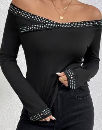 Ефектна дамска блуза с декоративни камъчета в черно - код 72070