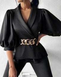 Стилна дамска блуза тип "прегърни ме" с ефектен колан в черно - код  12568