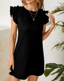 Къса дамска рокля с къдрички на ръкавите в черно - код 62888