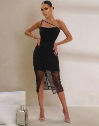 Ефектна дамаска рокля с тънки презрамки в черно - код 82899