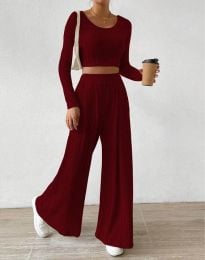 Моден дамски комплект с широк панталон в цвят бордо - код 33112