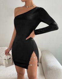 Дамска рокля с едно рамо и ефектна цепка в черно - код 86544