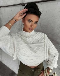 Къс дамски пуловер с ефектна плетка в бяло - код 101222