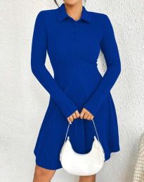 Къса дамска рокля с якичка в синьо - код 3257