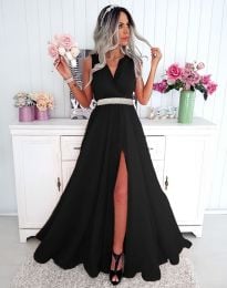 Елегантна дълга дамска рокля с ефектно коланче в черно - код 35980
