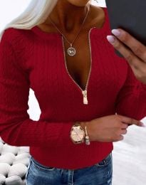 Дамски пуловер с цип в червено - код 63017