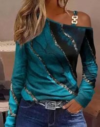 Дамска блуза с голо рамо в цвят тюркоаз - код 66027