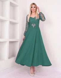 Дълга дамска рокля с дантела в зелено - код 22833