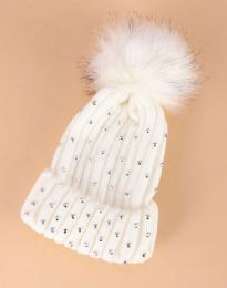 Дамска плетена шапка с пухче в бяло - код H1264