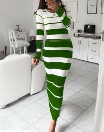 Дълга дамска рокля на райе в зелено - код 75056