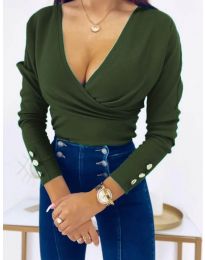Дамска блуза в масленозелено с V-образно деколте - код 8488