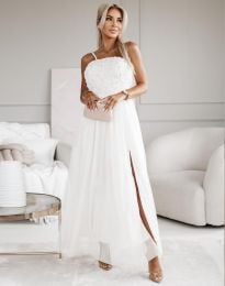 Елегантана дълга дамска рокля с цепка в бяло - код 25616