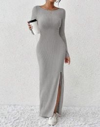 Дълга дамска рокля с цепка в сиво - код 3253