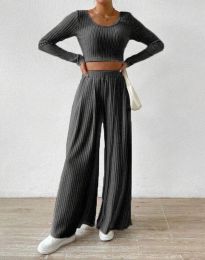 Моден дамски комплект с широк панталон в цвят графит - код 33113