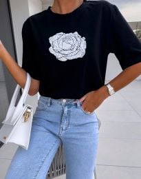 Дамска тениска с принт роза в черно - код 56699