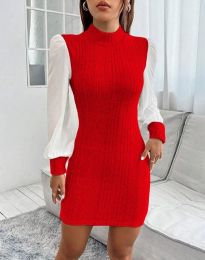 Дамска рокля с ефектни ръкави в червено - код 32633