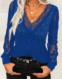 Ефектна дамска блуза с дантела в синьо - код 80299