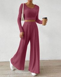 Моден дамски комплект с широк панталон в цвят пудра - код 33113