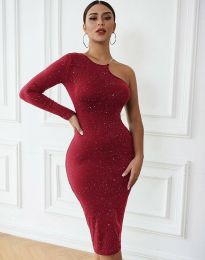 Елегантна дамска рокля с един ръкав в червено - код 89655