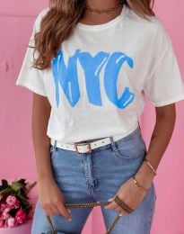 Дамска тениска в бяло със син надпис "NYC" - код 00202