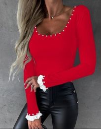 Дамска блуза с ефектни ръкави в червено - код 13578