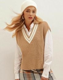 Дамски пуловер с V образно деколте в бежово - код 220100