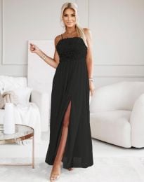 Елегантана дълга дамска рокля с цепка в черно - код 25616