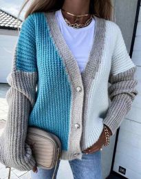 Атрактивна свободна плетена дамска жилетка в синьо и бежово - код 9251 - 2