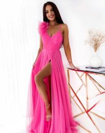 Официална дълга дамска рокля с цепка в розово - код 67877