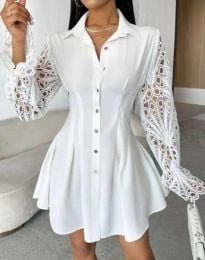 Дамска рокля тип риза с дантелени ръкави в бяло - код 112569