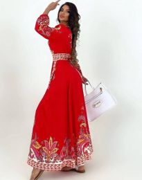 Дълга дамска рокля с атрактивен десен в червено - код 20189