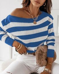 Атрактивен дамски пуловер на райе в бяло и синьо - код 771062