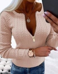 Дамски пуловер с цип в розово - код 63017