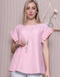 Модна дамска блуза с ефектен аксесоар в светлорозово - код 11523