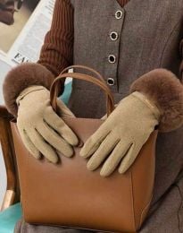 Дамски топли ръкавици от кадифе с пух в бежово - код GL6232